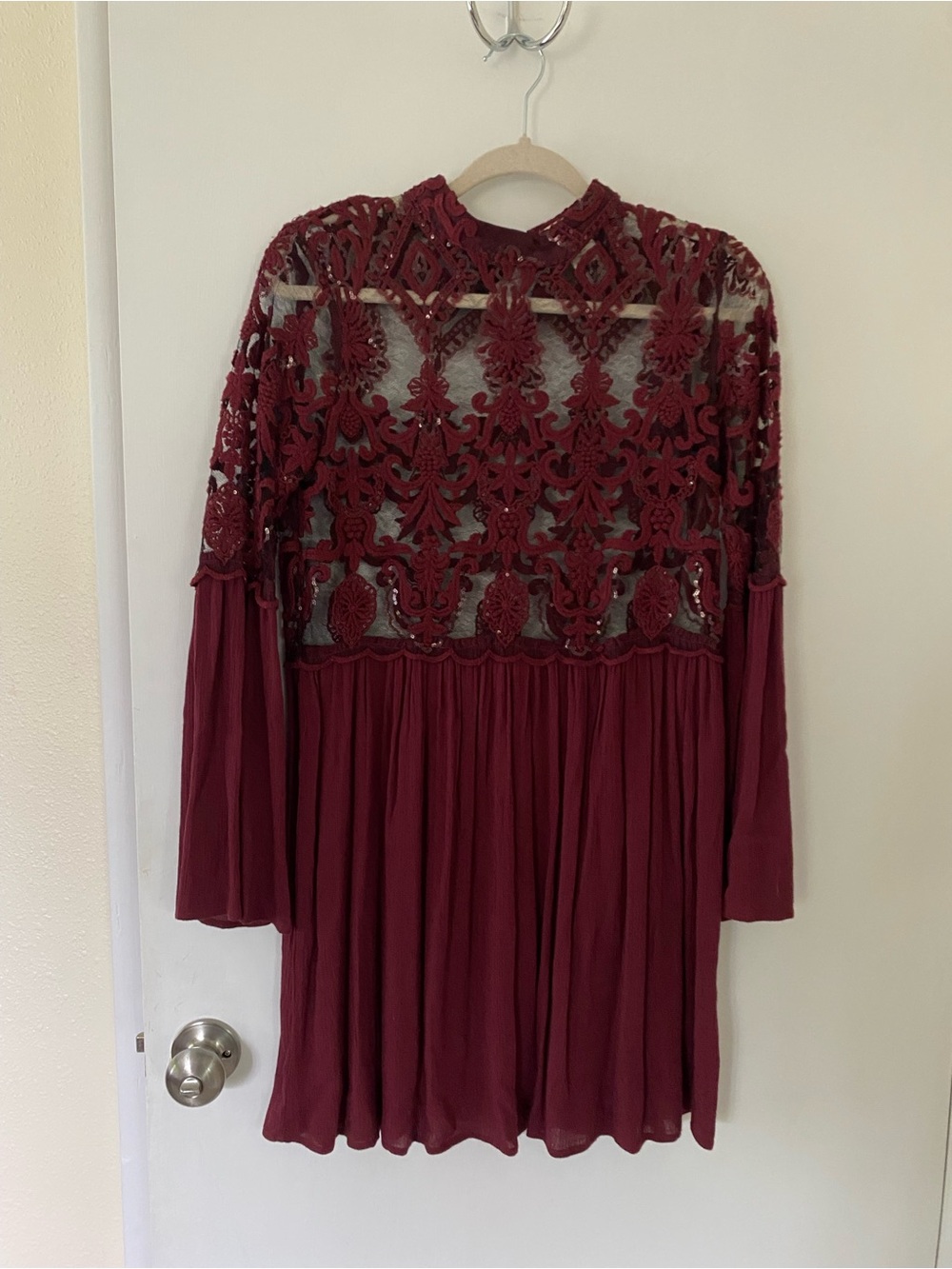 Altar'd State Crocheted Lace Dress Burgundy Lace Mini Dress Boho Sheer Small